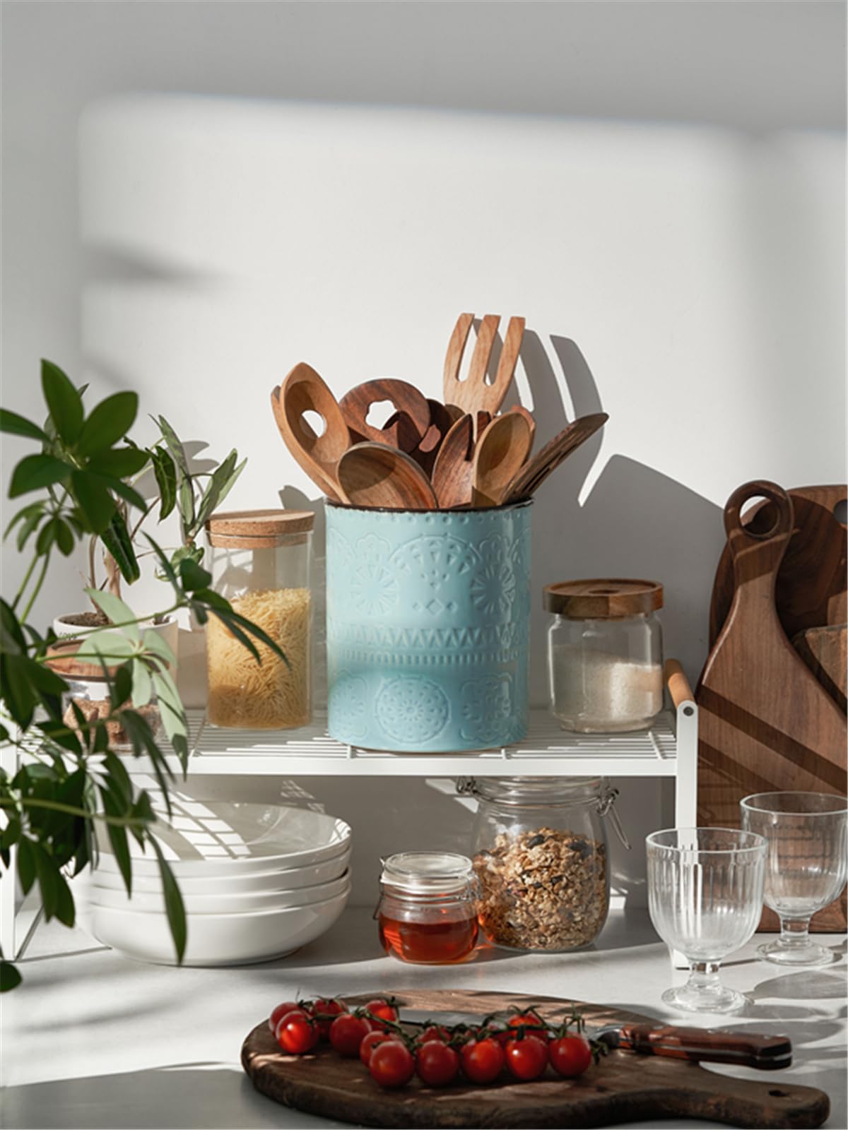 DOWAN Kitchen Utensil Holder, 7.2” Extra Large Farmhouse Utensil Holders for Countertop, Ceramic Utensil Crock, Anti Slip Cork Bottom, Teal Utensil Organizer for Home Décor, Housewarming Wedding Gift