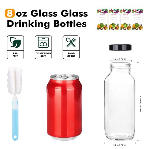 15 Pack 8 oz Glass Juice Bottles with Black Lids & Labels, Reusable Travel Juice Storage Containers, Clear Glass Drink Jars for Juicing, Water, Ginger, Wellness Shots - Leakproof, Dishwasher Safe