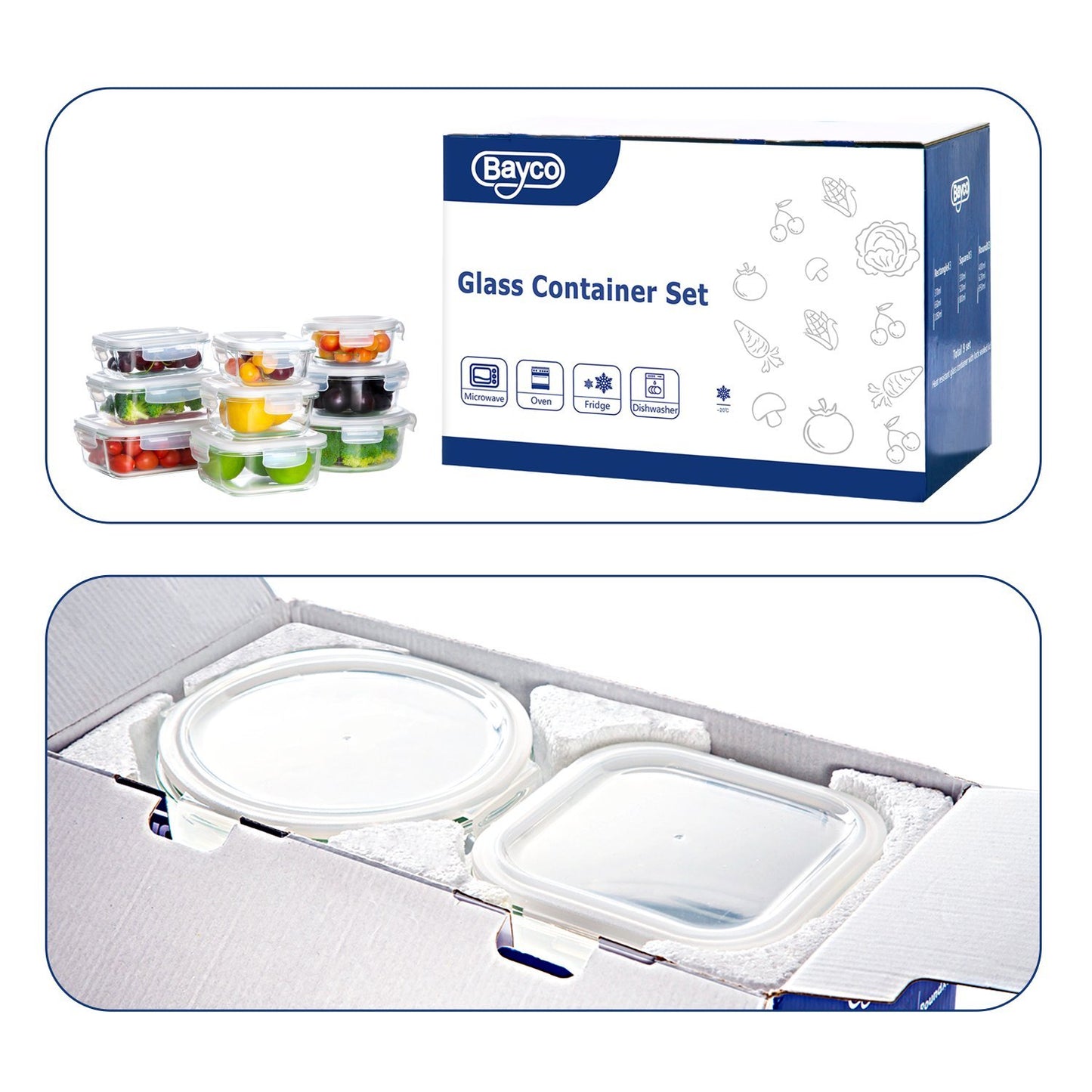 Bayco Glass Storage Containers with Lids, 9 Sets Glass Meal Prep Containers Airtight, Glass Food Storage Containers, Glass Containers for Food Storage with Lids - BPA-Free & Leak Proof