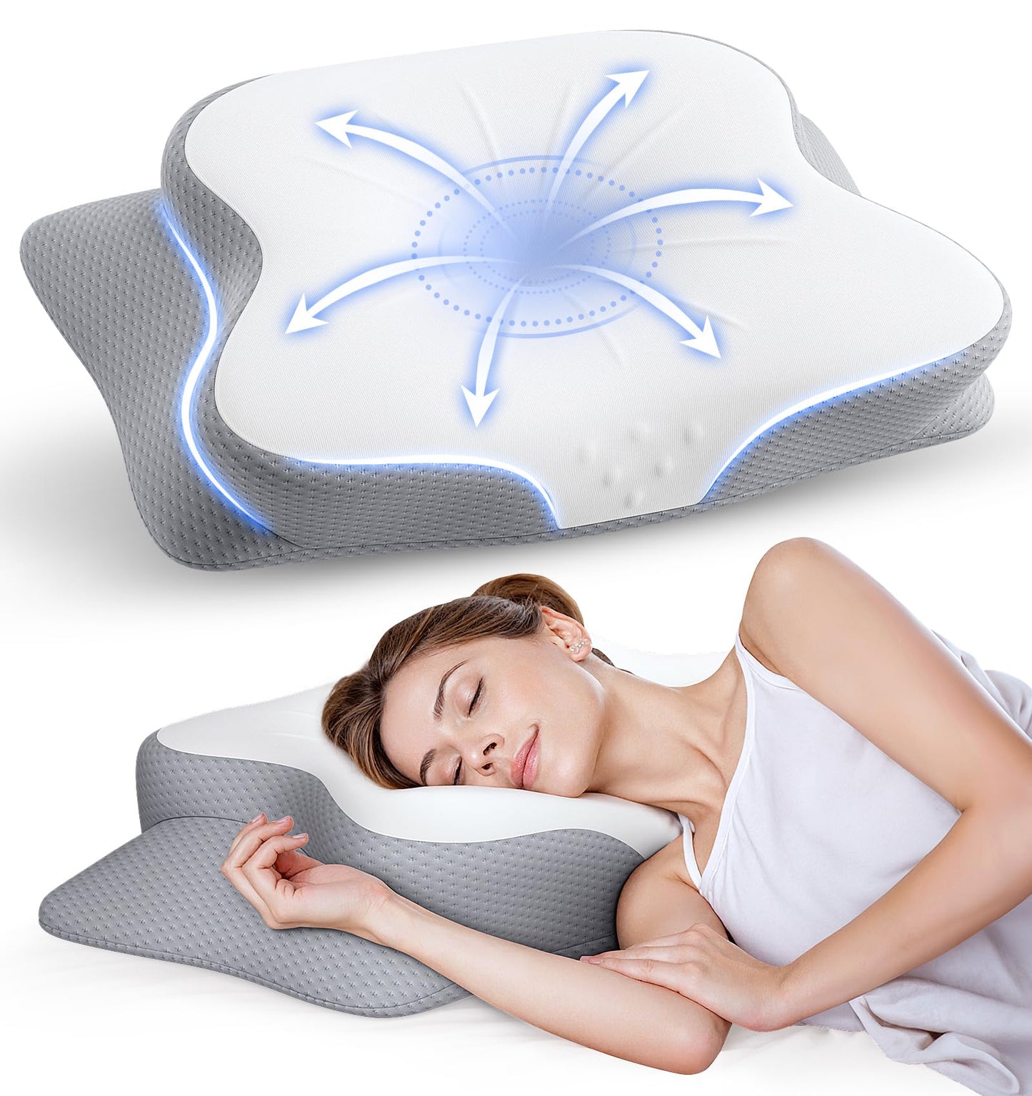 LBRAMS Cervical Pillow for Neck Pain Relief - Ergonomic Memory Foam Pillow with Cooling Case Orthopedic Support Side Sleeper Pillow for Pain Relief Support for Side Back Stomach Sleepers