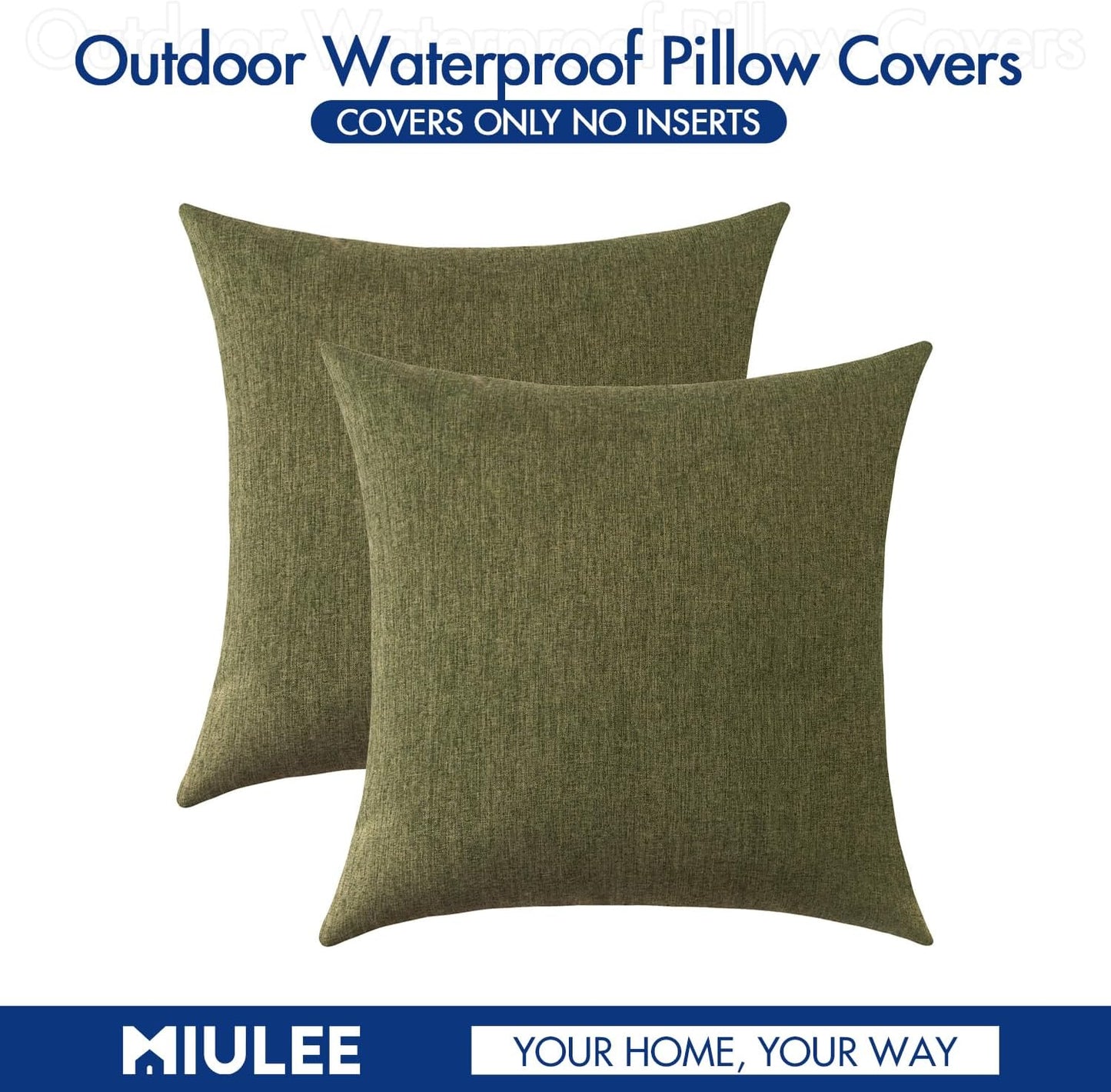 MIULEE Decorative Outdoor Throw Pillow Covers - Waterproof Faux Linen Cushion Cases | 16x16 Inch Olive Green (Pack of 2)