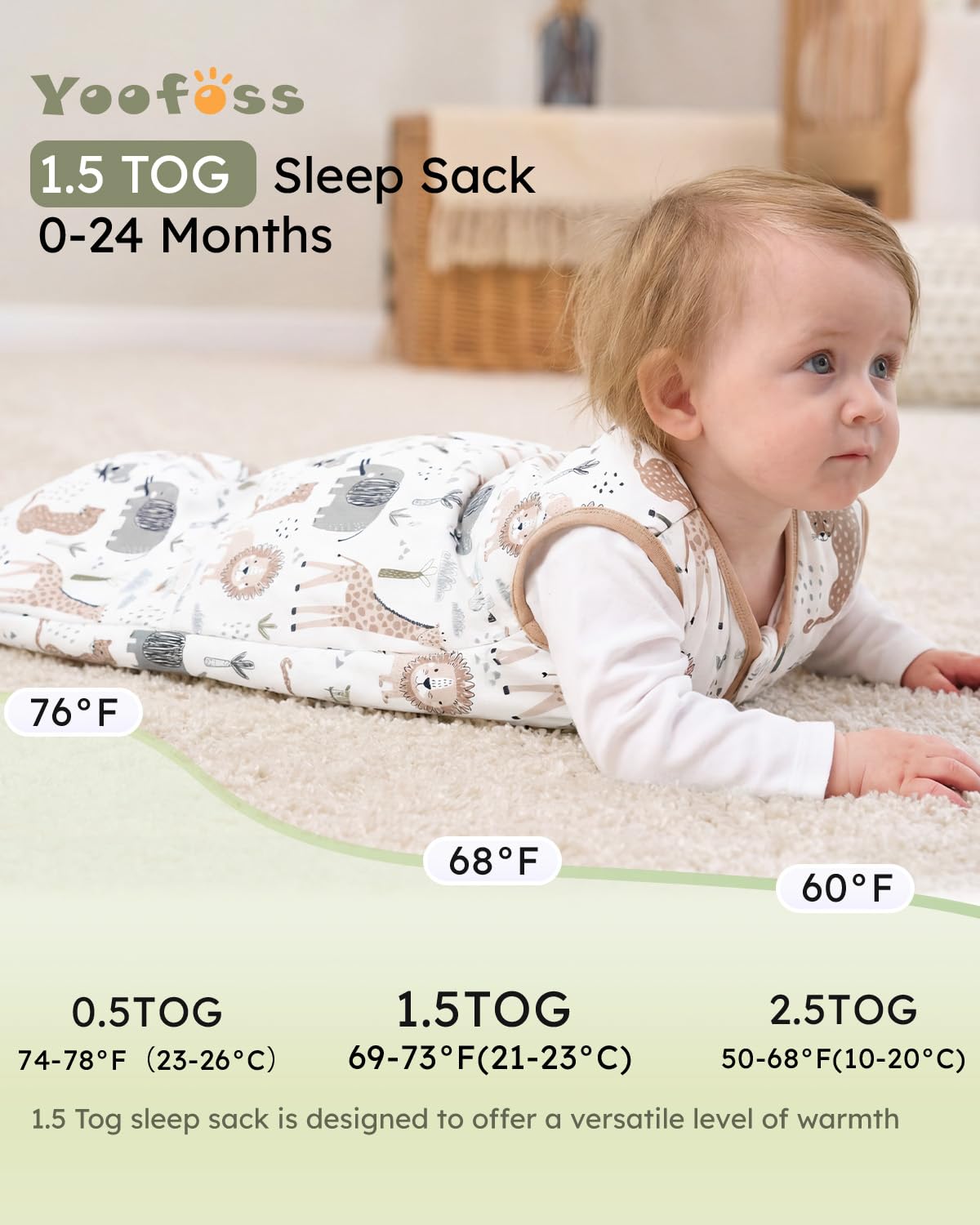 Yoofoss Baby Sleep Sack - 1.5 Tog Wearable Blanket for 12-18 Months | 100% Organic Cotton, Warm & Comfy