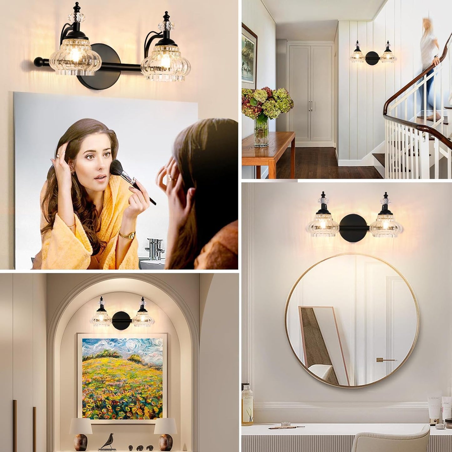 Bathroom Vanity Light Fixtures Over Mirror, Matte Black Vintage Glass Crystal Bathroom Vanity Lighting Fixtures, 2 Lights Wall Sconce for Bathroom Bedroom Kitchen Living Room Dressing Room