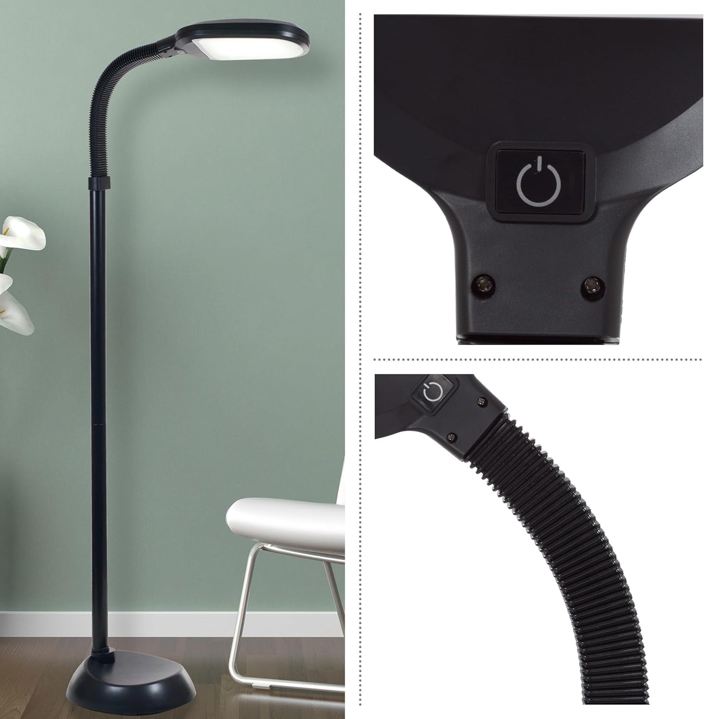 Lavish Home Adjustable LED Floor Lamp with Bendable Neck - Full Spectrum Natural Sunlight LED Lamp for Bedroom and Living Room - Reading, Craft, and Esthetician Light (Black)