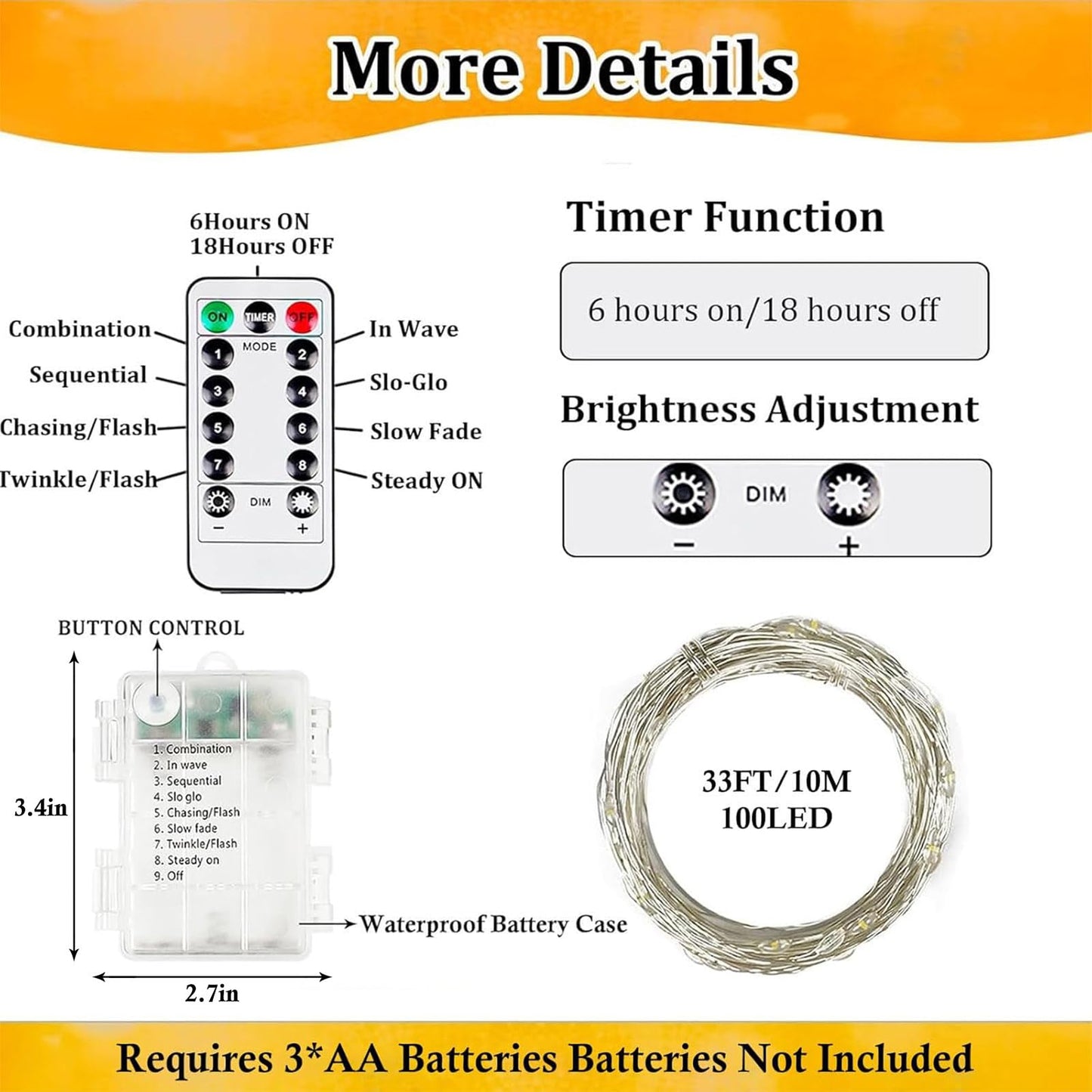 4-Pack Fairy Lights Battery Operated with Remote, Waterproof 33FT 100 LED Battery String Lights Outdoor Indoor, 8 Modes Twinkle Lights with Timer for Bedroom Classroom DIY Christmas Decor (Warm White)