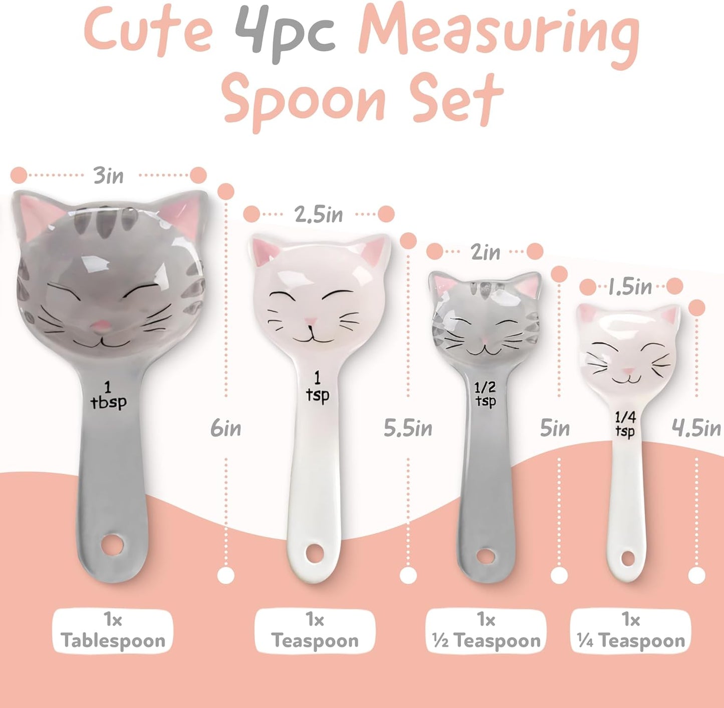Cat Shaped Ceramic Measuring Spoons Set of 4 - Perfect Gift for Cat Lovers - Functional Kitchen Decor in White & Gray