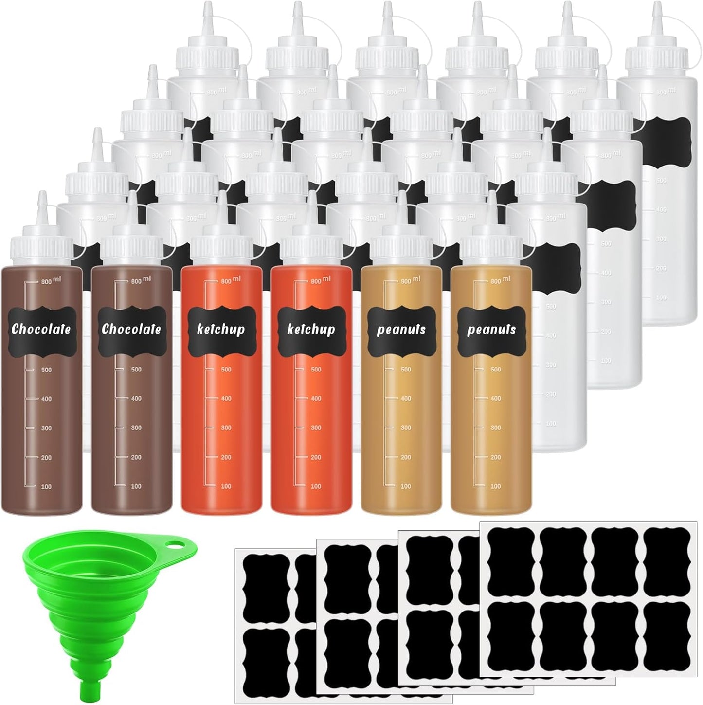 Mumufy 24 Pcs Condiment Squeeze Bottles 32 oz Plastic Squeeze Squirt Containers for Sauce Ketchup, Oil, Liquid with Extra 1 Funnel 24 Labels and 1 Pen