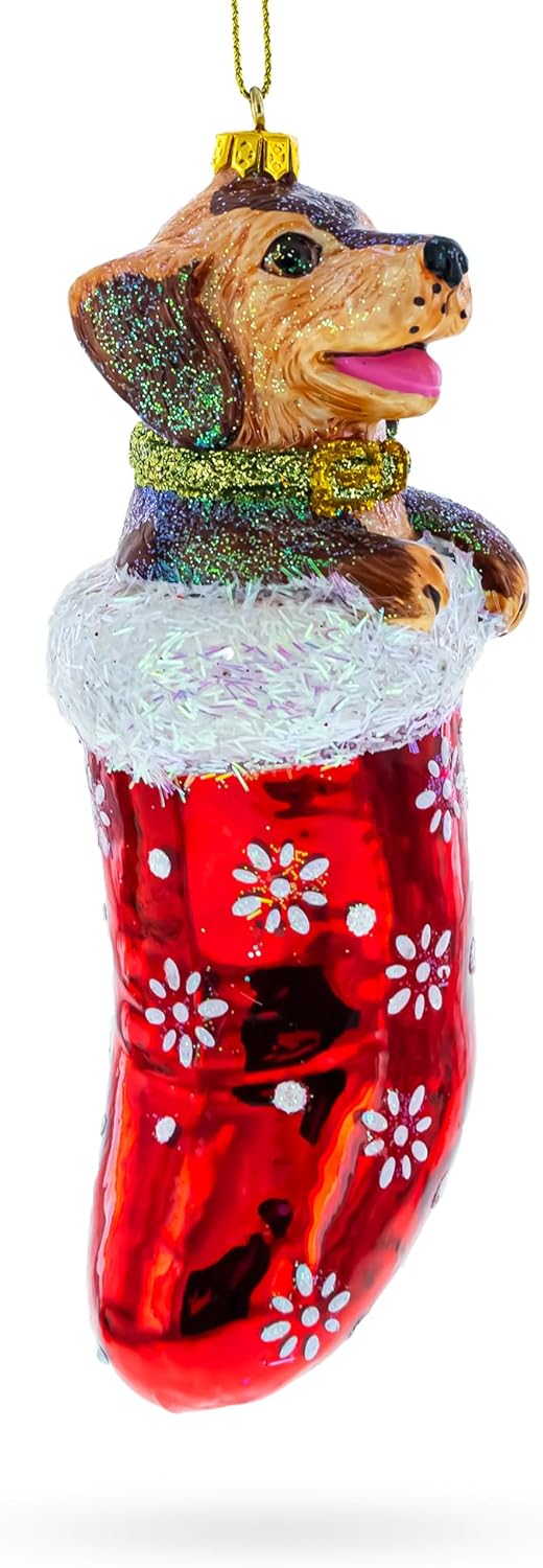 Christmas Ornament - Puppy in Stocking Glass Decoration for Holiday Cheer