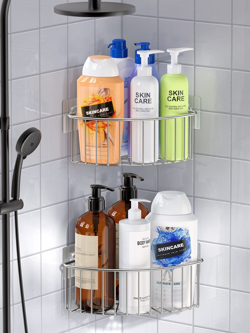 SMARTAKE 2-Pack Corner Shower Caddy Deep Basket Design, SUS304 Stainless Steel, Wall Mounted Bathroom Shelf with Adhesive, Storage Organizer for Toilet, Dorm and Kitchen (Silver)