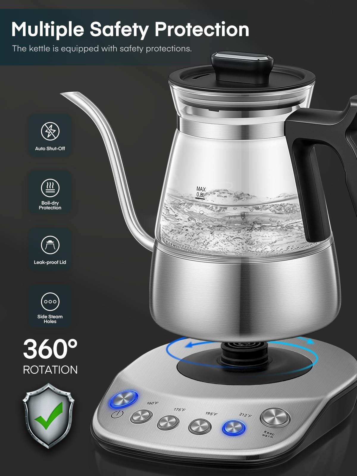 Aiheal Gooseneck Electric Kettle, Glass Electric Tea Kettle with 4 Temperature Control Presets and Keep Warm Function, Pour Over Kettle for Coffee and Tea, Hot Water Boiler, Quick Heating, 1200W/0.8L