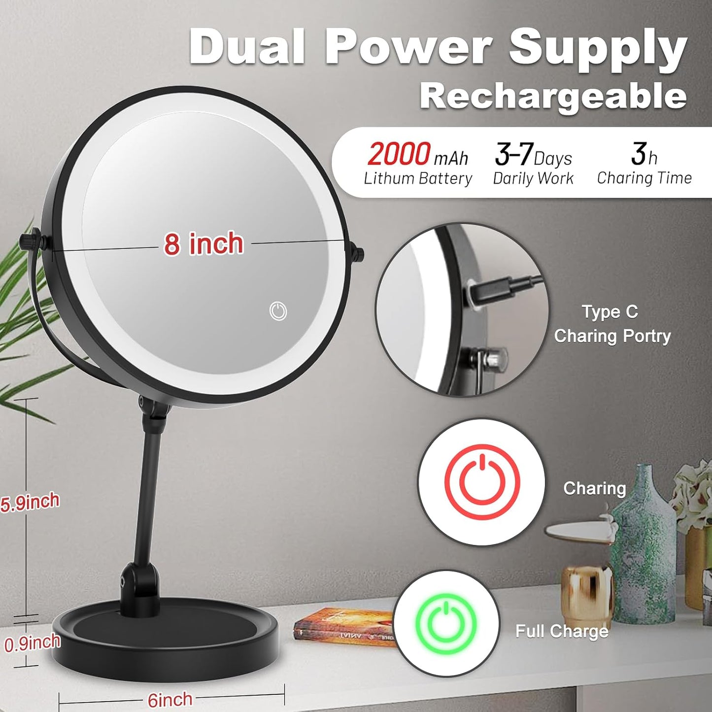 Tabletop Standing Makeup Mirror with Adjustable Height, 8Inch Mirror