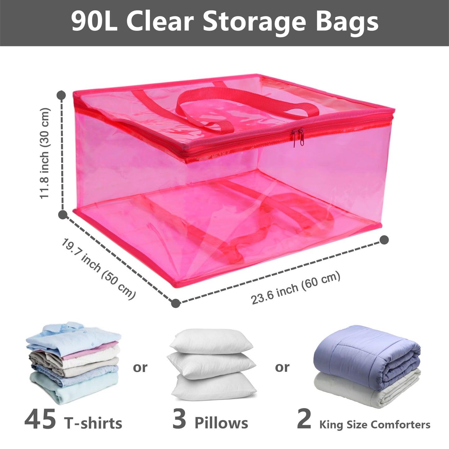 WADILE Pink Clear Clothes Storage Bag with Zipper, 3 Pack 90L Vinyl Storage Bag for Comforter, Blanket, Bedding, Duvet, Transparent Moving Totes