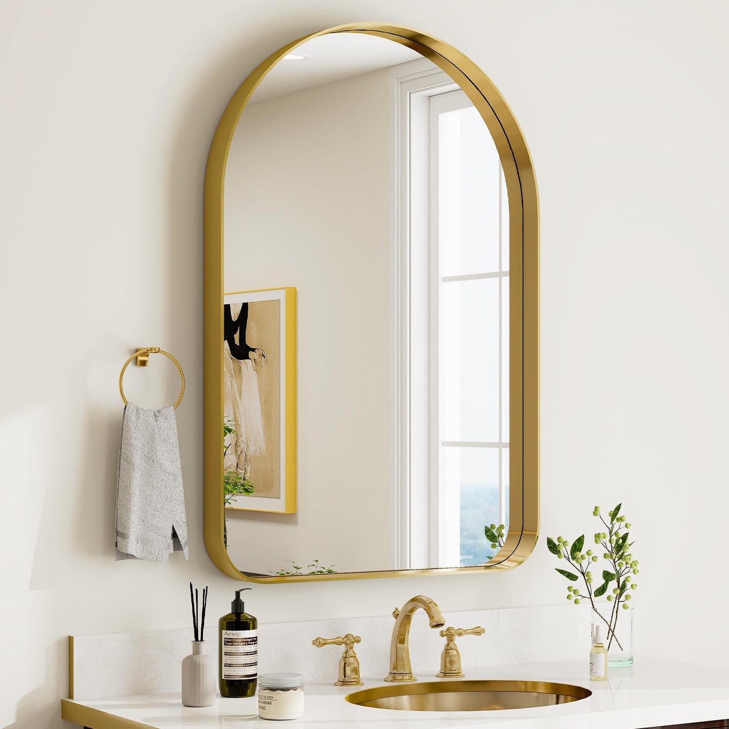 GLSLAND 24”x36“ Gold Arched Bathroom Mirror - Aluminum Alloy Framed Mirrors for Wall- Arch Wall Mirror, Brush Gold Bathroom Mirror for Bedroom