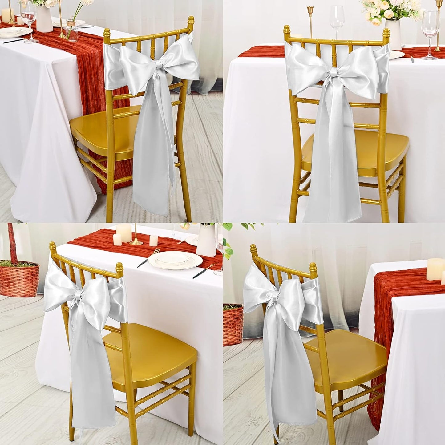 Showgeous Silver Satin Chair Sashes - 60 PCS Decorative Bows for Weddings & Events | 7 x 108 Inch