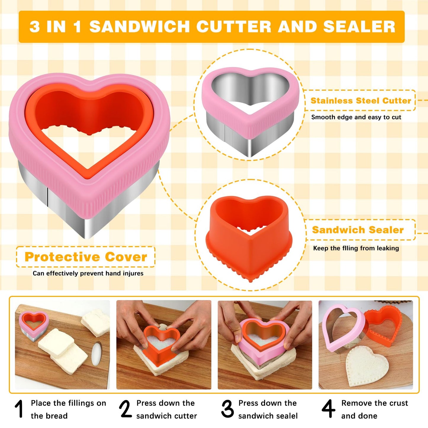 Sandwich Cutter and Sealer,48PCS Sandwich Cutters for Kids Lunch,Crustless Sandwich Maker,Heart Mouse Dinosaur Shape Cookie Cutters Gift for Kids Adult Boys Girls,Lunchbox and Bento Box Accessoriess