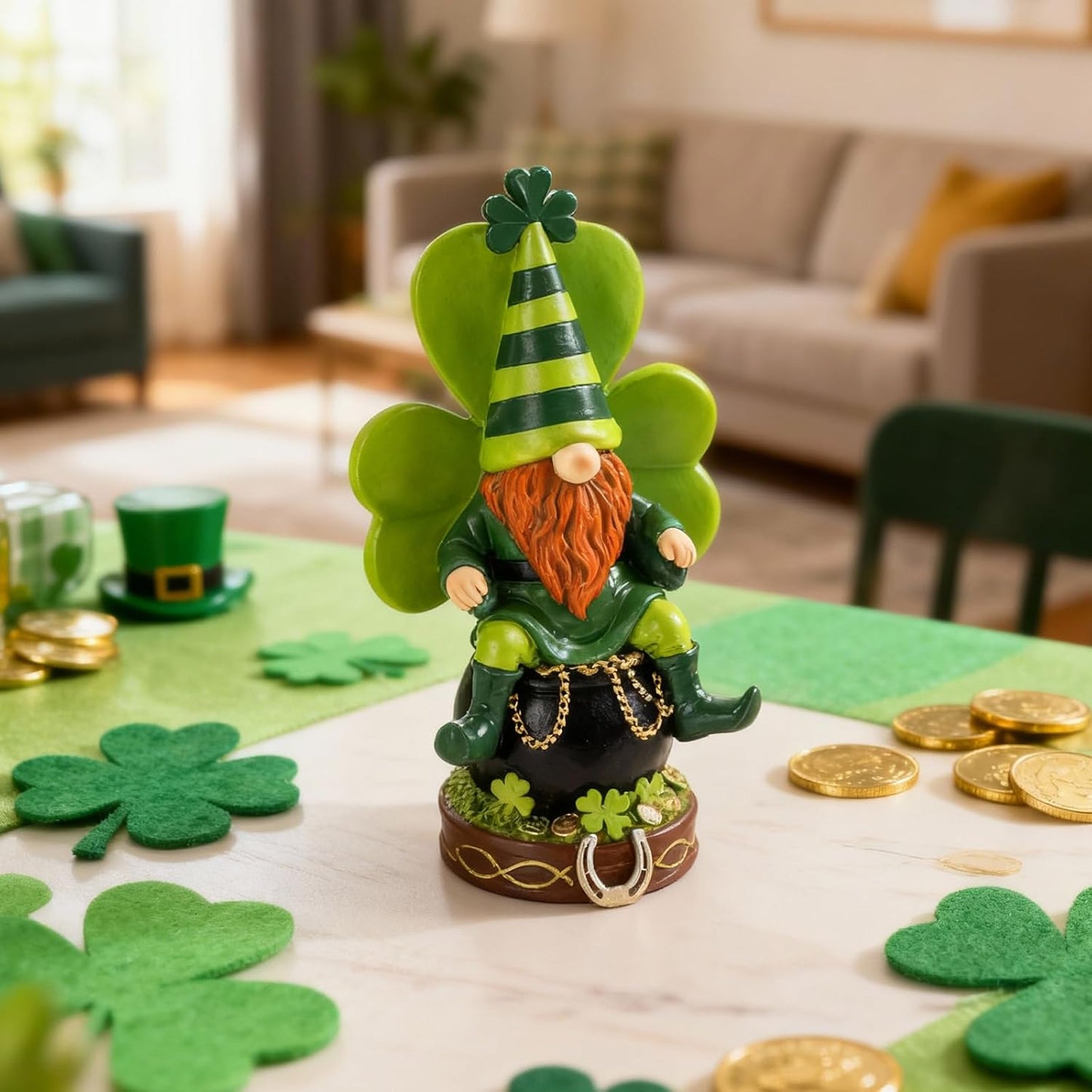 Skiennix St. Patrick's Day Gnome Decorations - Resin Leprechaun Pot of Gold Figurines | Green Indoor Centerpieces