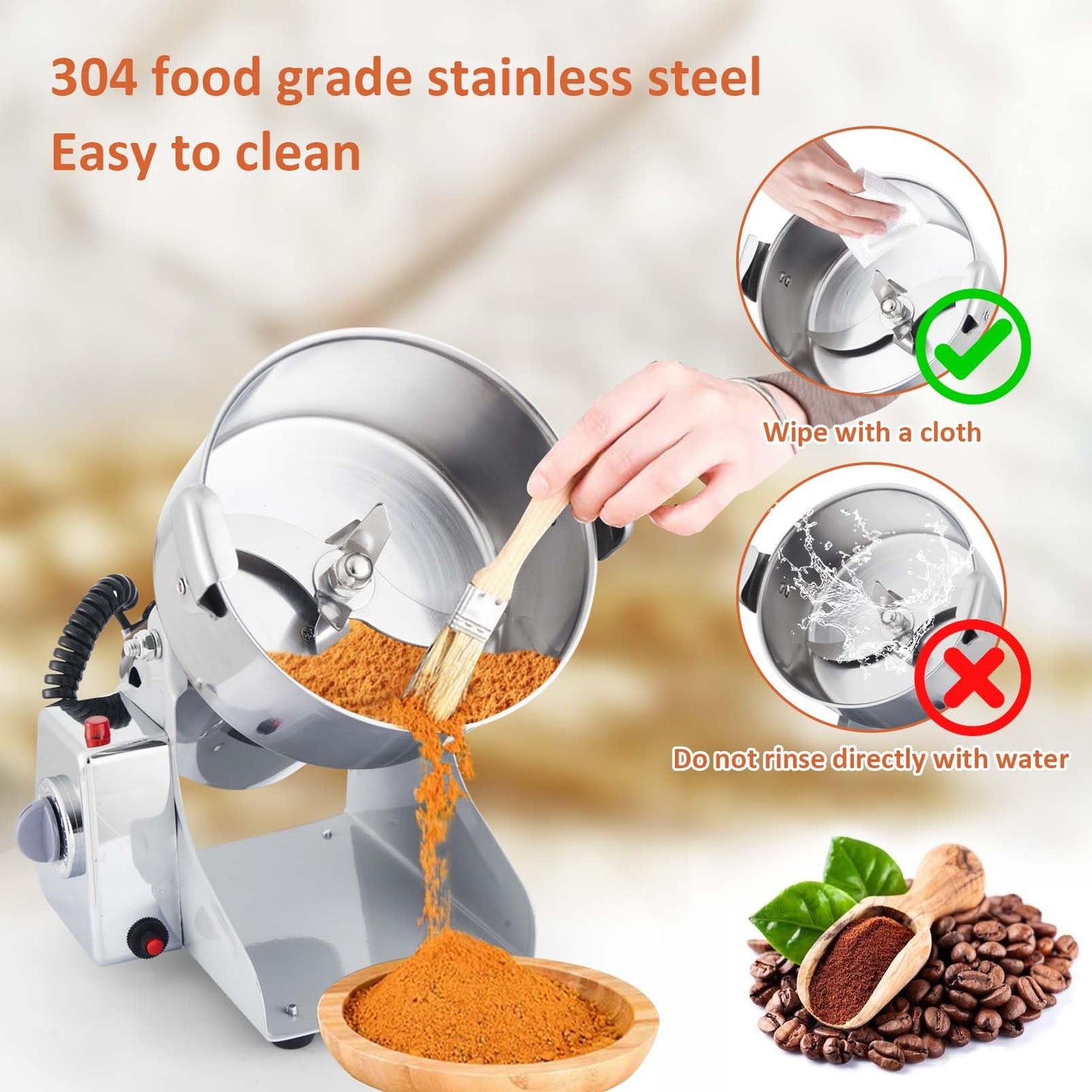 BI-DTOOL Electric Grain Mill Grinder 2000W Dry Material Grinding Machine 800g Stainless Steel Pulverizer 36000r/min High-speed Grain Mill 270° swingable Superfine powder for Home and Commercial 800g