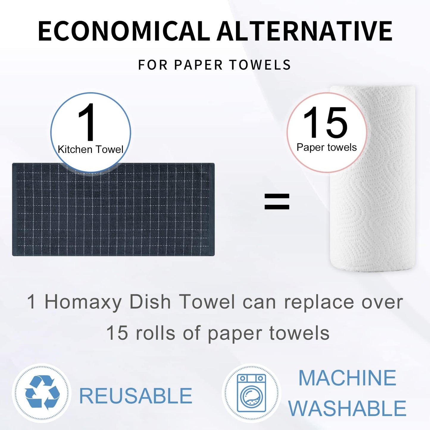 Homaxy 100% Cotton Terry Kitchen Towels(Dark Grey, 20 x 28 inches), Checkered Designed, Soft and Super Absorbent Dish Towels, Large 8 Pack