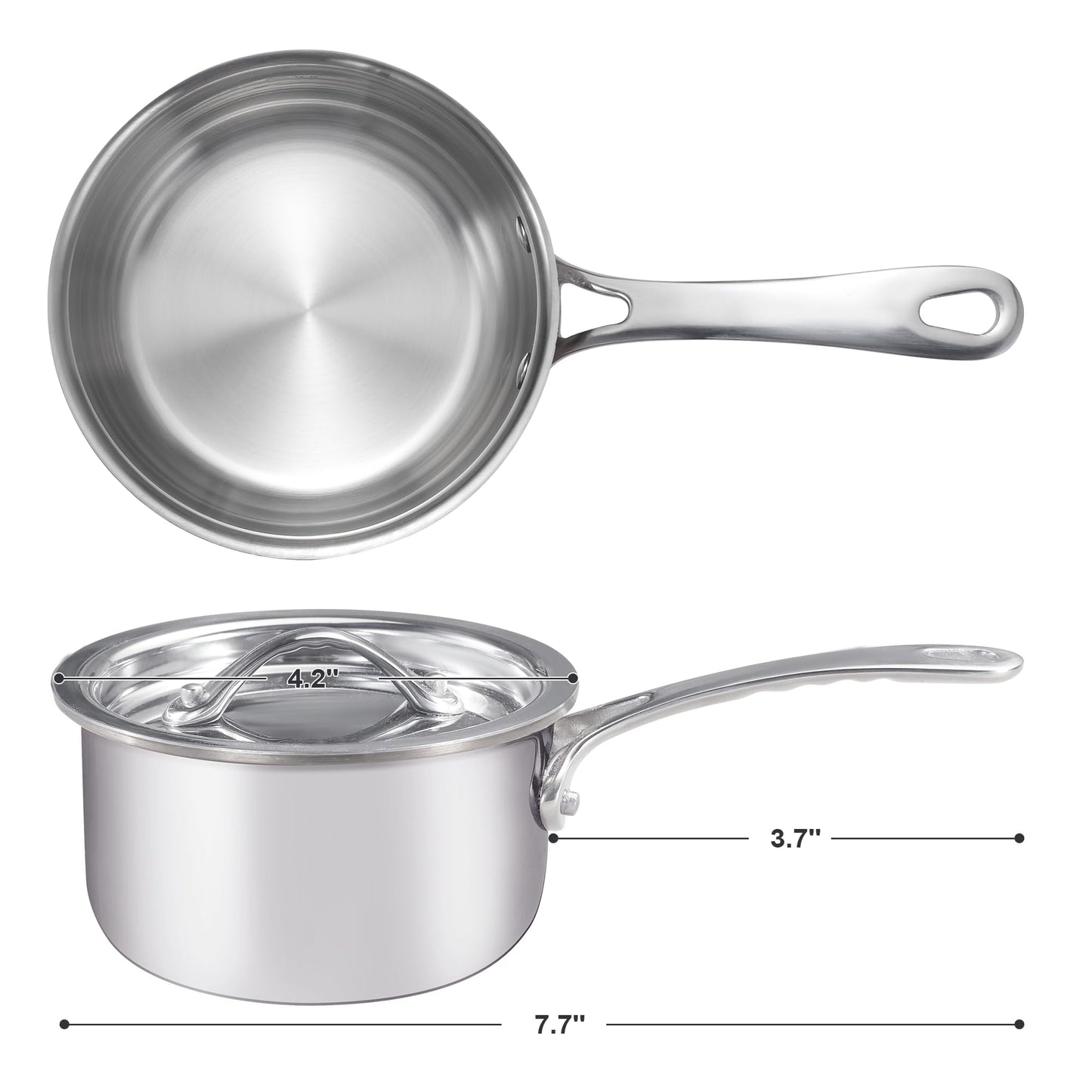 KC-Emier Mini Sauce Pan with Lid, Tri-Ply Stainless Steel Pot with Stay-Cool Handle & All Cooktop Compatibility (Gas, Ceramic, Electric) - Silver