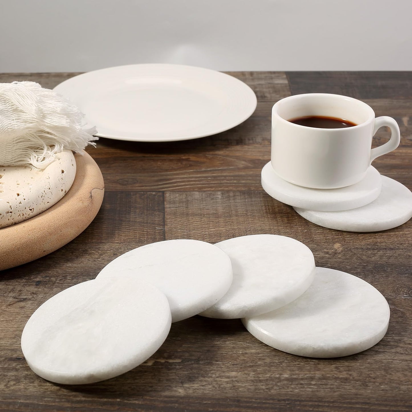 Koville White Marble Coasters Set of 6 for Coffee Table, 3.9" Inches Handmade Round Coaster, Luxury Aesthetic Modern Drink Coaster for Table Décor Home Décor, Coasters for Dining, Bar or Office