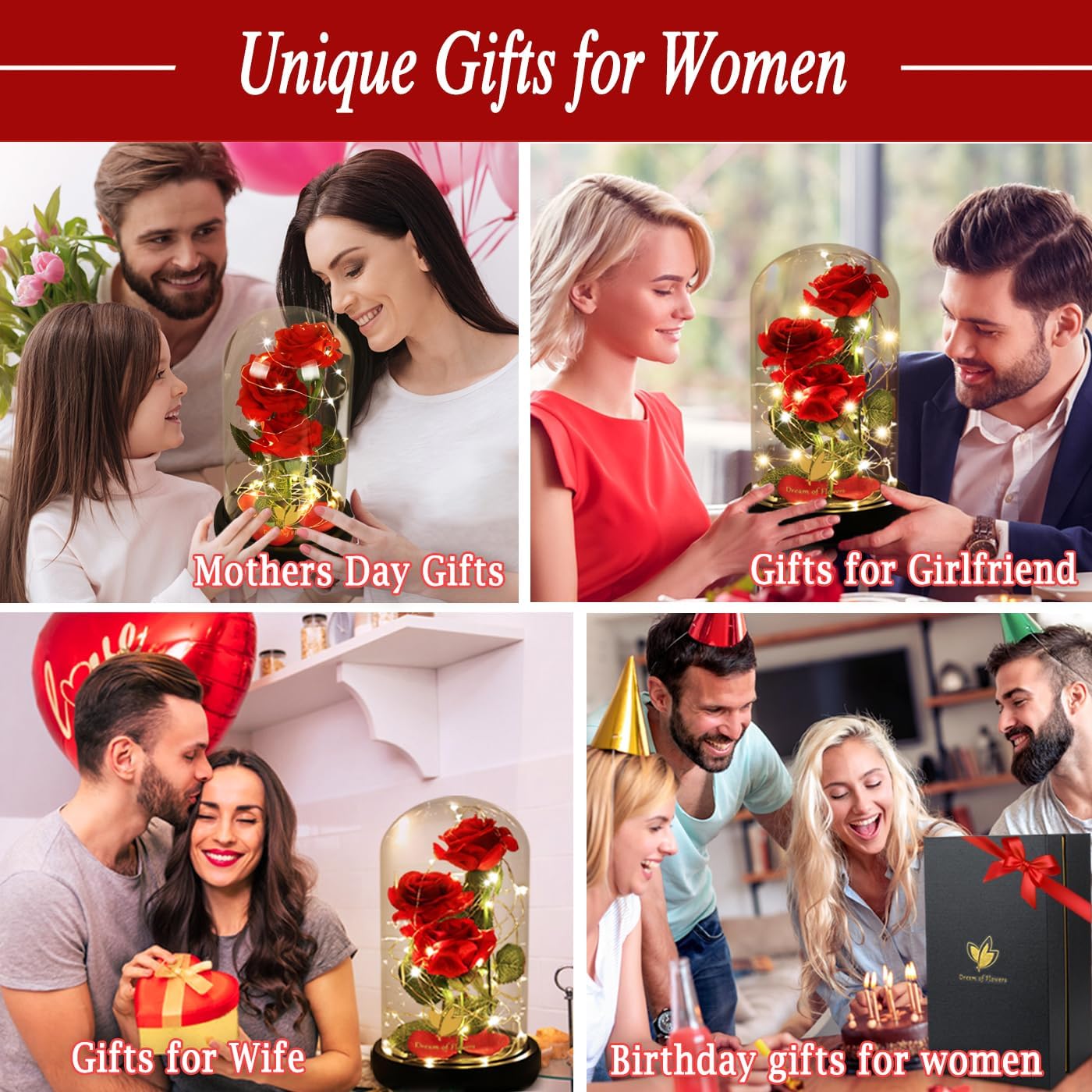 Birthday Gifts for Women,Beauty and the Beast Rose in Glass Dome,Preserved Rose with Warm Lights,Flower for Delivery Prime,Forever Flower Gifts for Women Mom Wife Girlfriend, Anniversary Birthday Gift