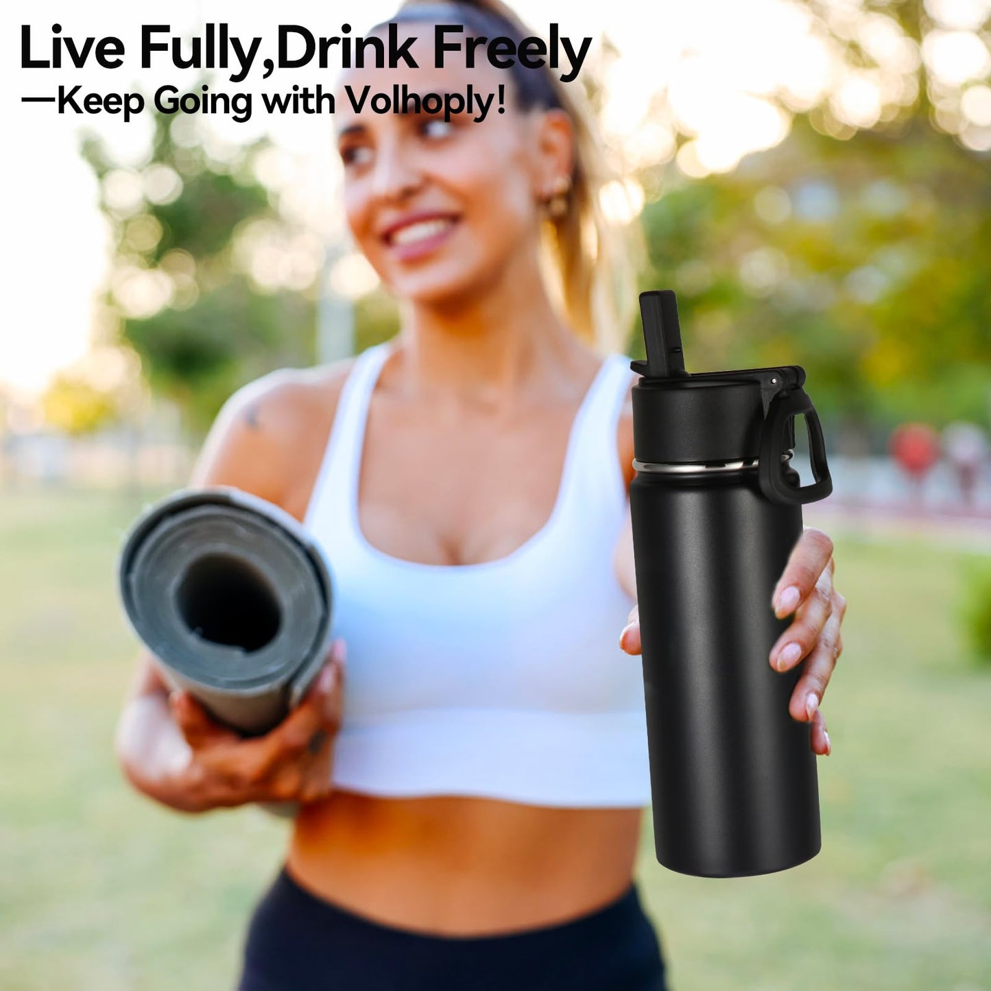 Volhoply 16 OZ Kids Water Bottle Bulk 8 Pack,Insulated Sports Bottles with Straw Lid,Stainless Steel Bottle with Handle Keep Cold & Hot,Double Wall Vacuum Tumbler Cups for School,Girls(Black, 8)