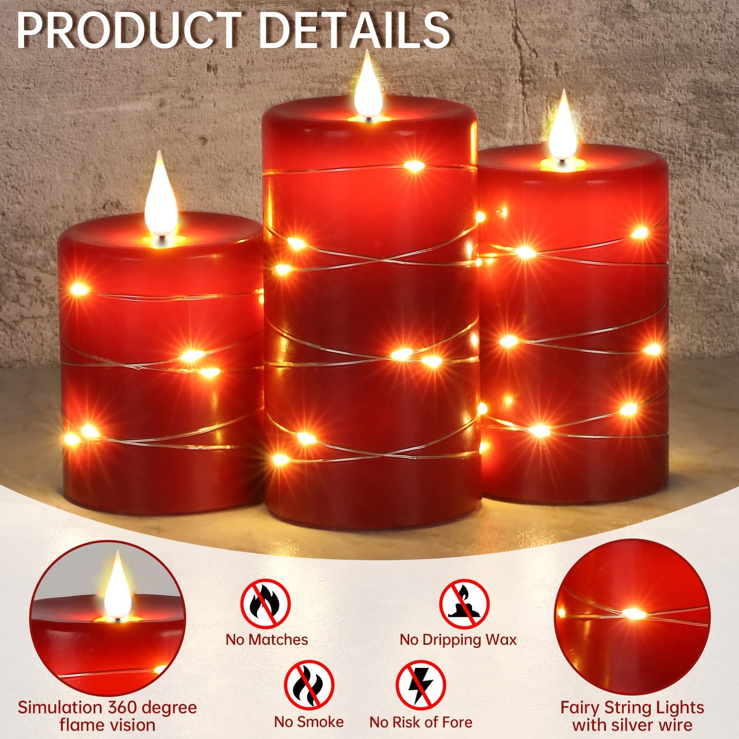 Upinmz Red Flameless Candle with Remote Control and Timer,Flickering Battery Operated Candles with String Lights,LED Pillar Candles,Set of 3