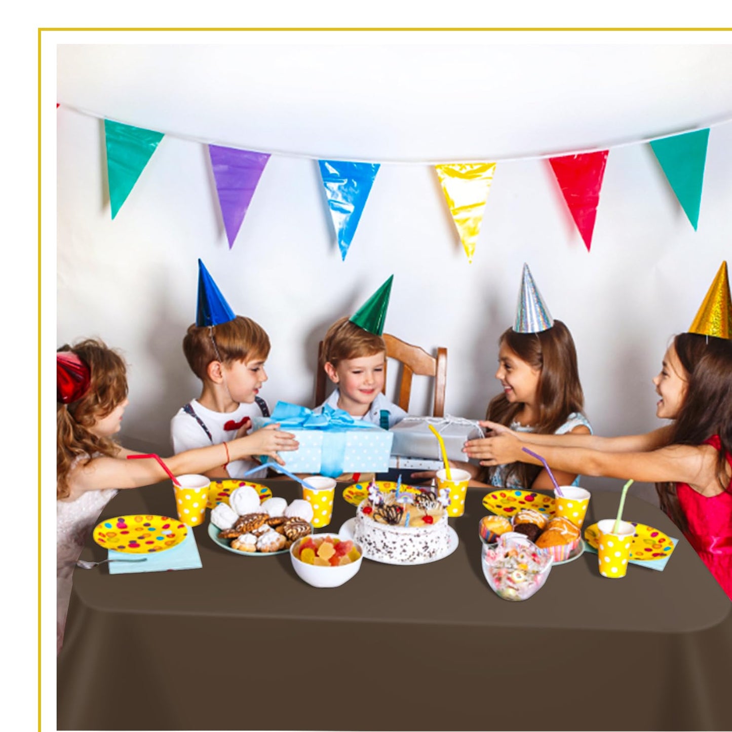 tujol Brown 6 Pack Plastic Table Cloth 54" x 108", Disposable Tablecloths Rectangle Table Cover, Plastic Tablecloths for Parties
