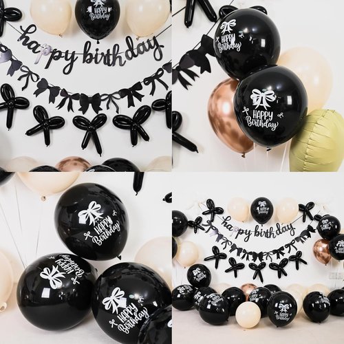 Bow Coquette Party Decorations - Happy Birthday Banner & Black Gold Bow Balloons | Heart Foil Balloons for Girls