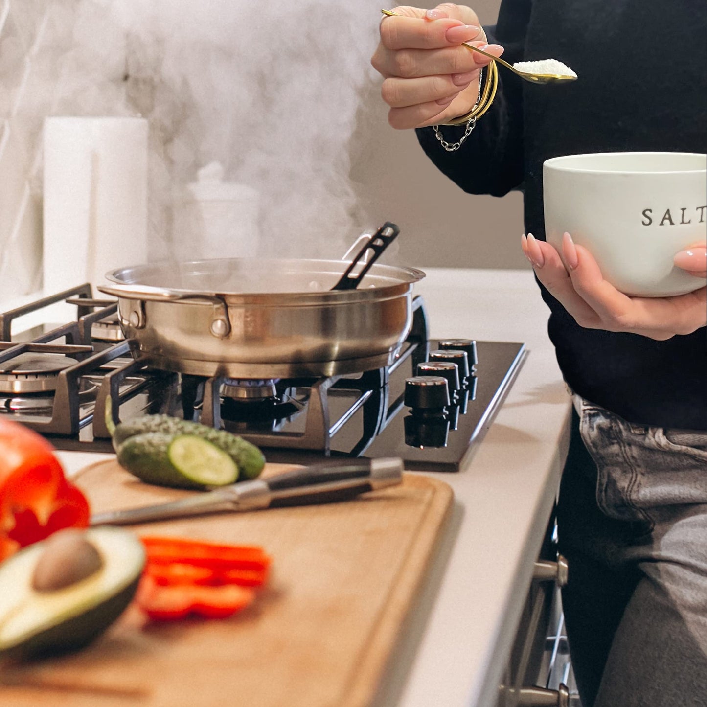 Kolibrox Stoneware Salt and Pepper Cellar Set - Stylish, Functional Kitchenware for Effortless Seasoning - Versatile, Creamy Durable Stone Design - Perfect for Kitchen & Home Decor