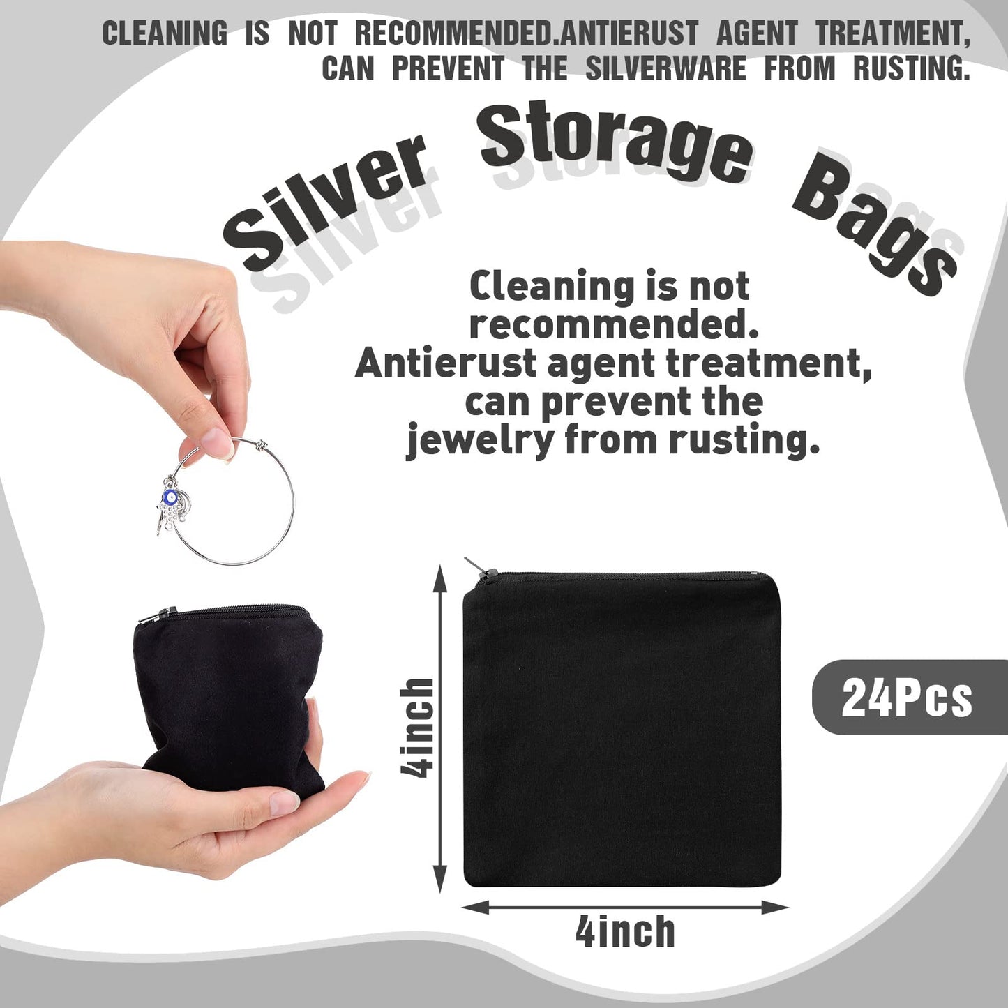 Geosar 24 Pcs Silver Storage Bags Anti Tarnish Jewelry Storage Bags Zippered Keeper for Silverware Jewelry(4 x 4 Inch,Black)