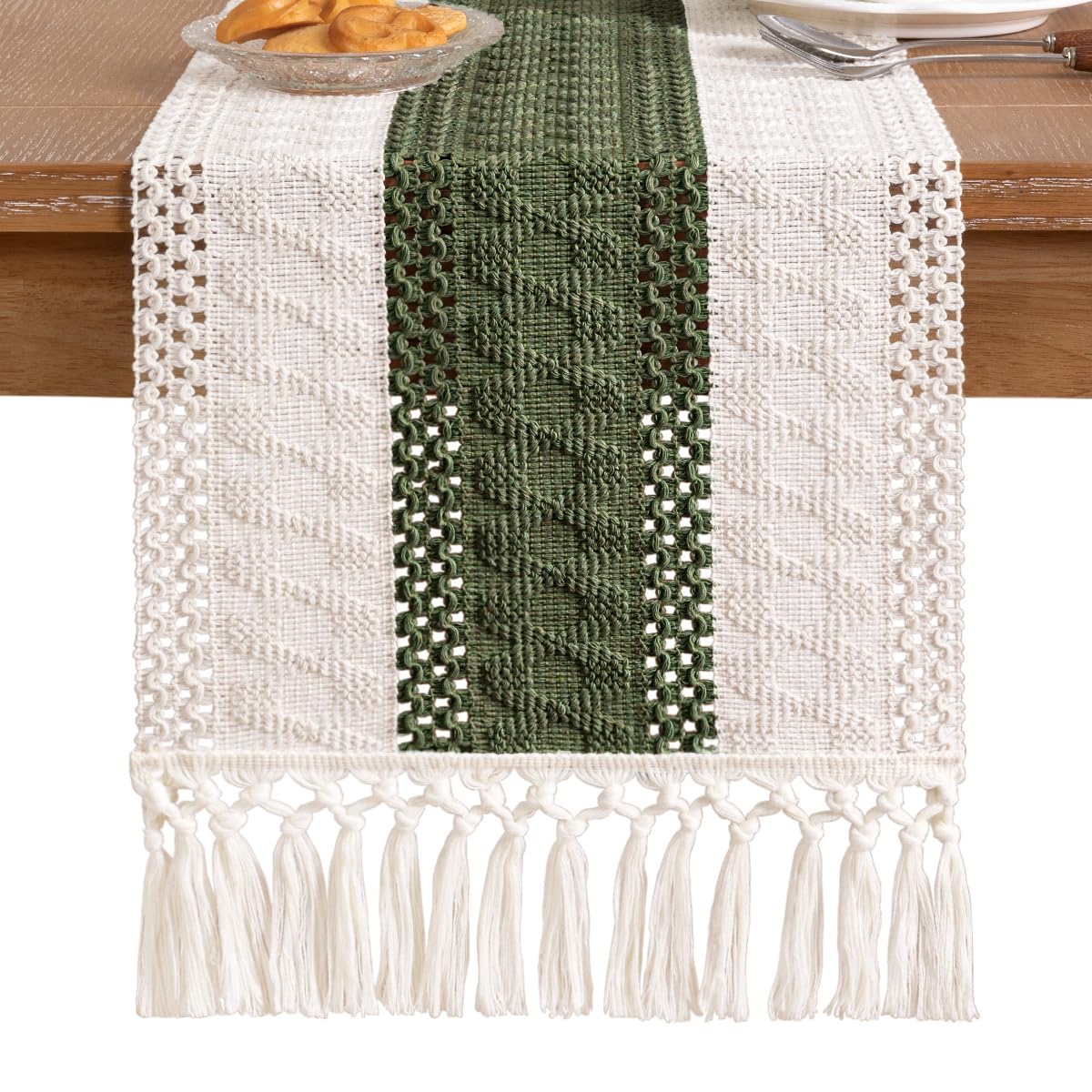 Socomi Boho Table Runner Summer Farmhouse Rustic Dining Kitchen Centerpiece Decor Small Macrame Woven Cotton Linen Coffee Table Runner for Dresser Scarf Home Decor 12x48 inch Olive Green