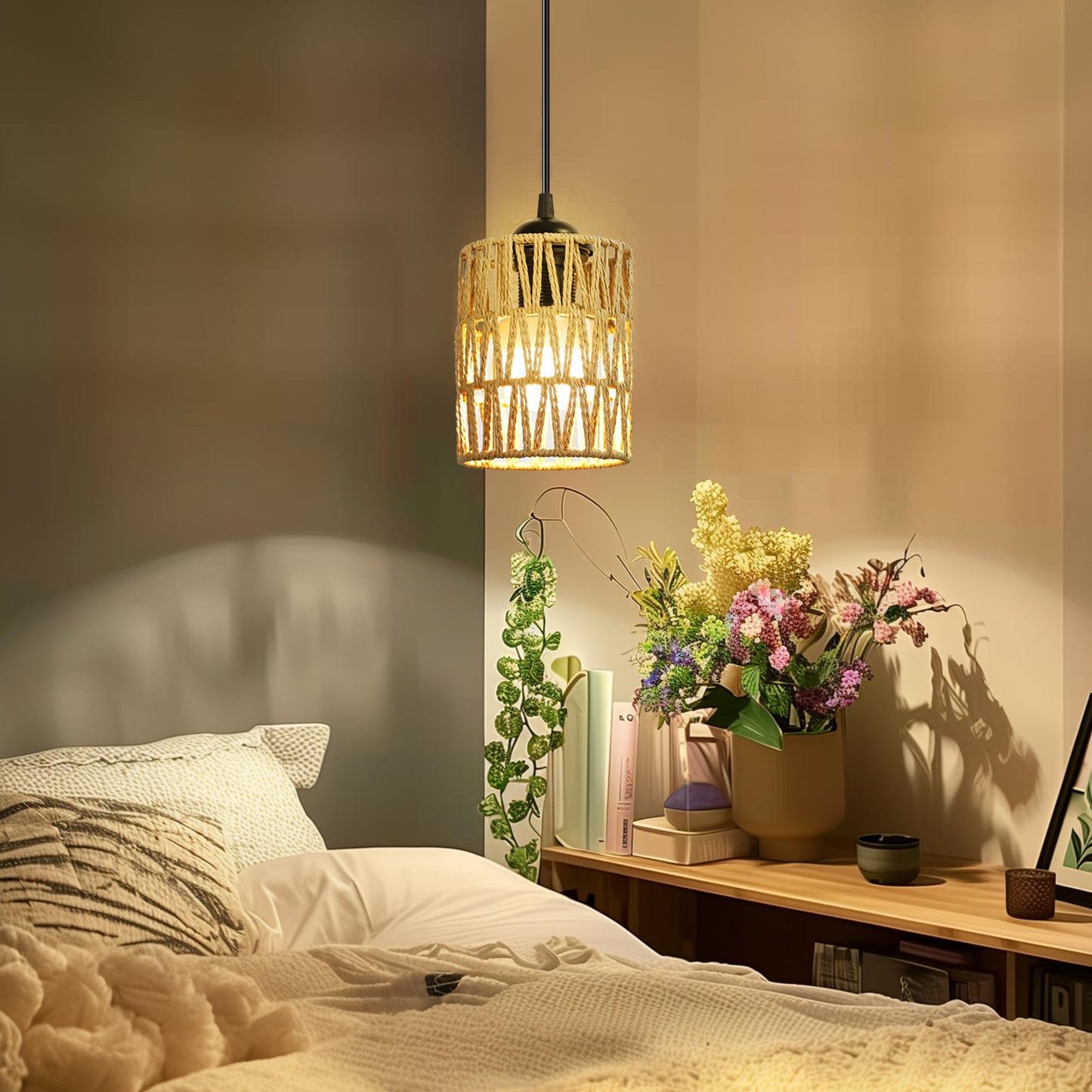 rerekiki Rechargeable Boho Pendant Lights for Kitchen Island, Wireless No Plug in RGBCW Rattan Hanging Lamp with Remote for Bedroom, Boho Style Over Table Dimmable Lighting Fixture for Dining Room