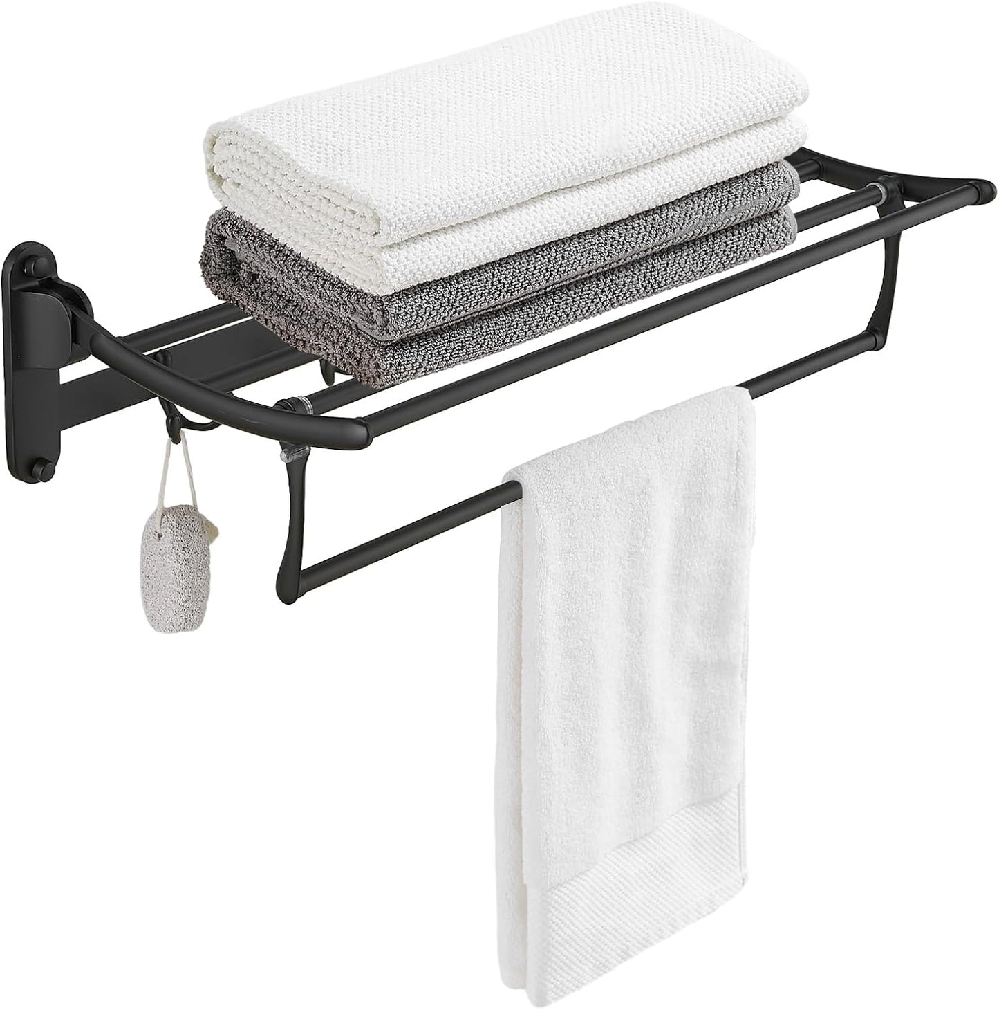 BESy 24 Inch Brushed Nickel Towel Racks, Bathroom Towel Shelf with Foldable Towel Bar Holder and Towel Hooks, Wall Mounted Multifunctional Bathroom Accessories, Double Towel Bars