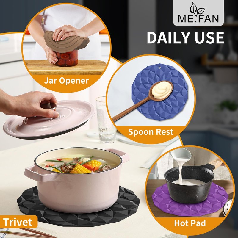 ME.FAN Silicone Trivet Mats - 4 Pack Pot Holders - 7.4'' Thickened Hot Pads for Hot pots, Pans and Dishes, Heat Resistant Silicone Trivet for Table and Counter Top Black