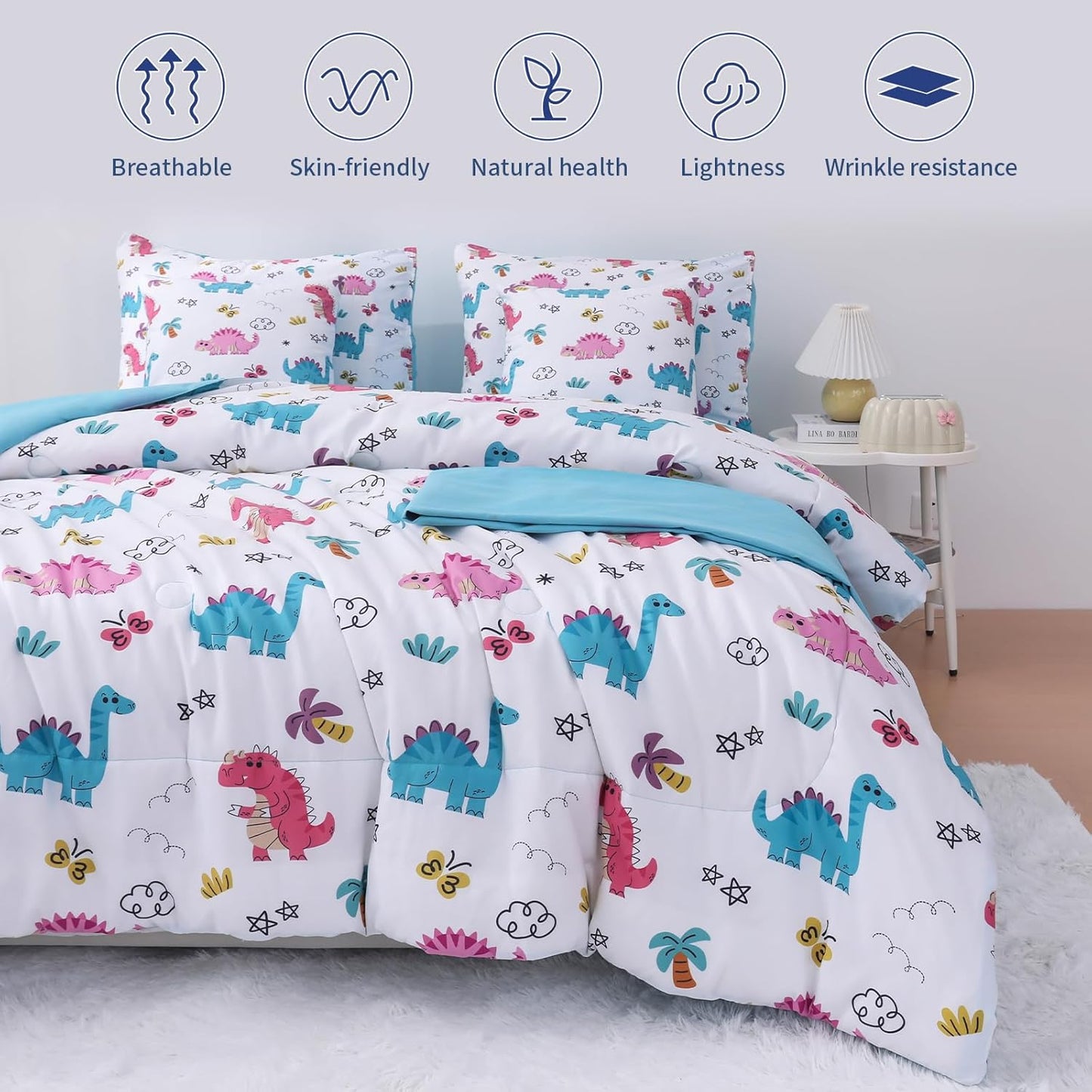 Dinosaur Bedding Full Size Sheets and Comforter Set, Boys Full Size Bedding Set Teen boy Comforter Set 7 Pieces Toddler Bed Sheets and Comforter Set for Boys All Season