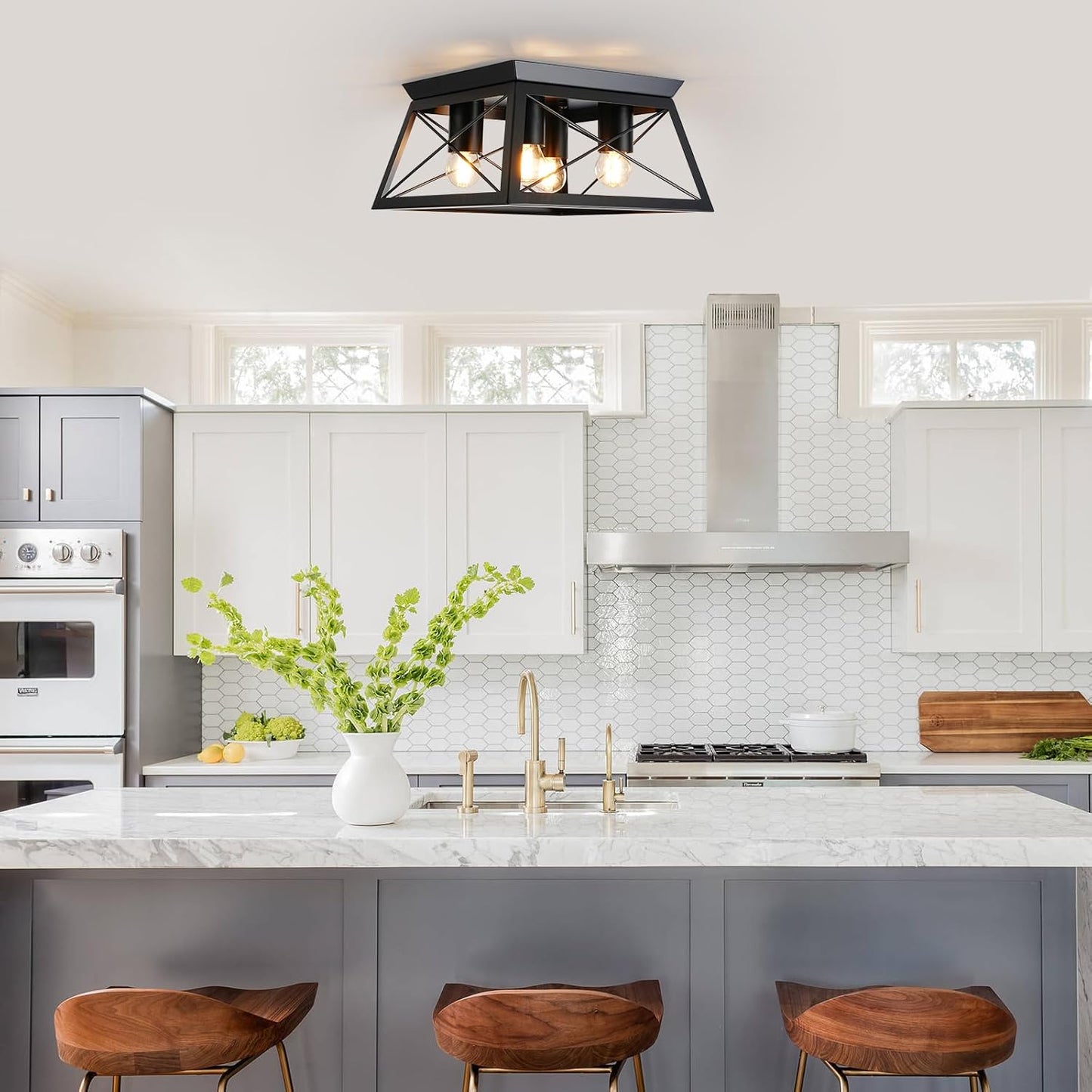 Farmhouse Flush Mount Ceiling Light Oak White Ceiling Light Fixtures 2-Light Industrial Vintage Metal-Framed Ceiling Lighting for Hallway Foyer Kitchen Dining Room Bedroom Living Room Laundry
