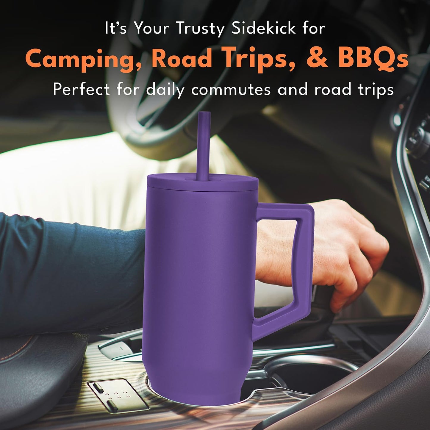 Elemental 40 oz Tumbler with Handle and Straw - Spill Proof Insulated Stainless Steel Commuter for Cold Beverages - Travel Coffee Mug with 2 Straws & Spill Proof Lid - 40oz - Purple