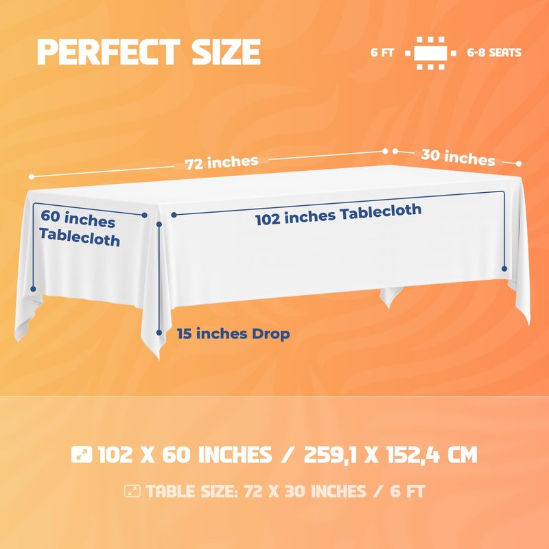 WEALUXE White Table Cloths for 6 Foot Rectangle Tables, 2-Pack, 60x102 inches, Water, Stain and Wrinkle Resistant, 200 GSM Washable Poly Fabric Tablecloths Rectangular, Elegant and Durable