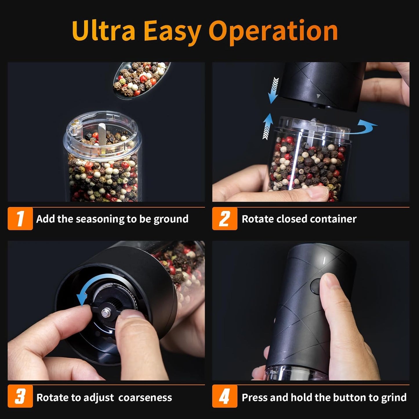 Lidaop Electric Salt and Pepper Grinder Set - USB Rechargeable with LED Light | Adjustable Coarseness, Large Capacity, Black - 2-Pack