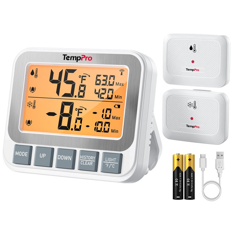 TempPro Wireless Freezer Fridge Thermometer with Alarm, 500 ft/150 m Range, High Accuracy, Rechargeable Refrigerator Thermometer with Backlit LCD Display, Battery Included