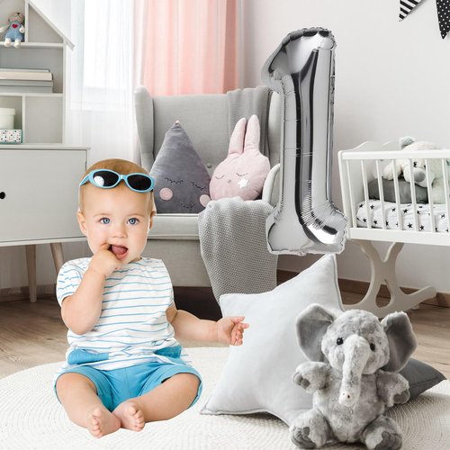 1 Number Balloon Silver 40 inch Big Foil Mylar 1st Balloons for 1 Year Old Boy Girl Birthday Party Decorations Wedding Anniversary Events Supplies