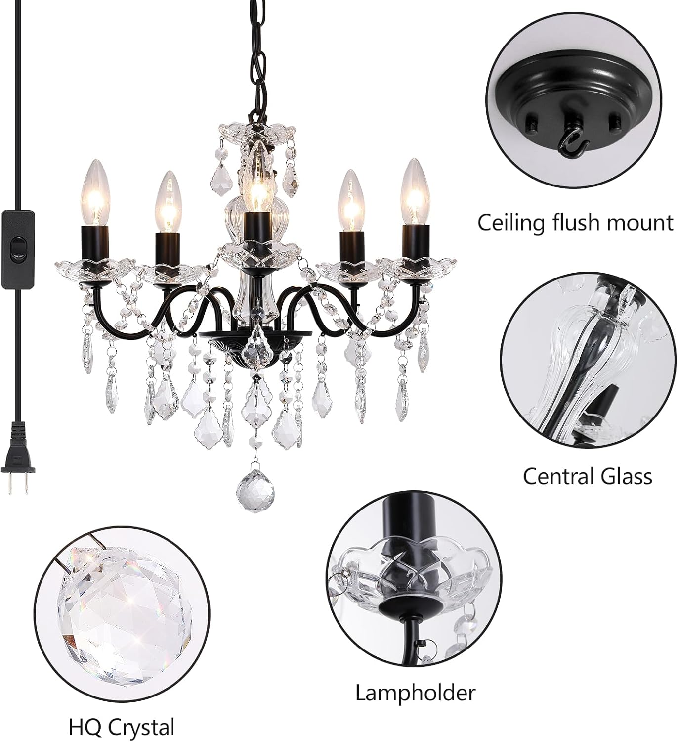 Plug in Modern 3-Light Gold Chandelier with Glass Crystals, Candle Style Pendant Light Fixtures for Living Room, Girls Room, Kitchen Island, Entryway