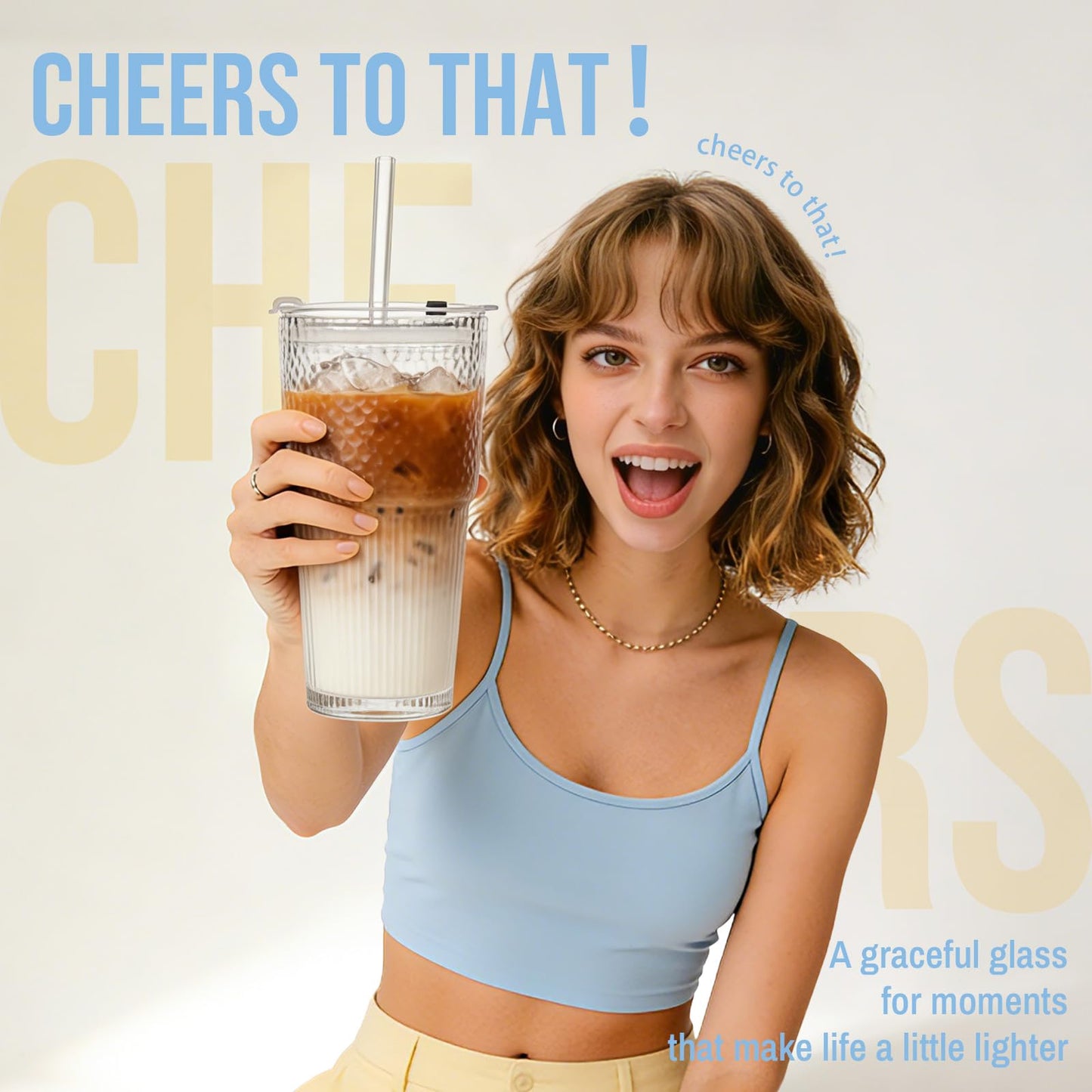 SoulTimes 20oz Glass Tumblers with Lids and Straws, Set of 2 - Stylish Ribbed Design Drinking Glasses for Iced Coffee Cups, Juice, Smoothies, Cold Beverages, Includes Cleaning Brush, Durable Glassware