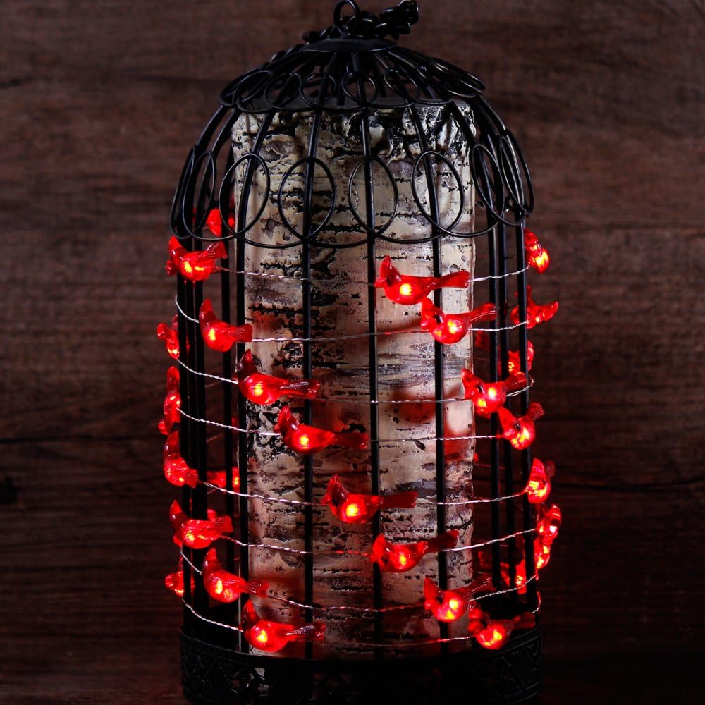 Battery Operated 10ft Christmas Tree Cardinal String Lights - 40 LED Red Snow Bird Ornaments with Remote Timer for Holiday Home Decor
