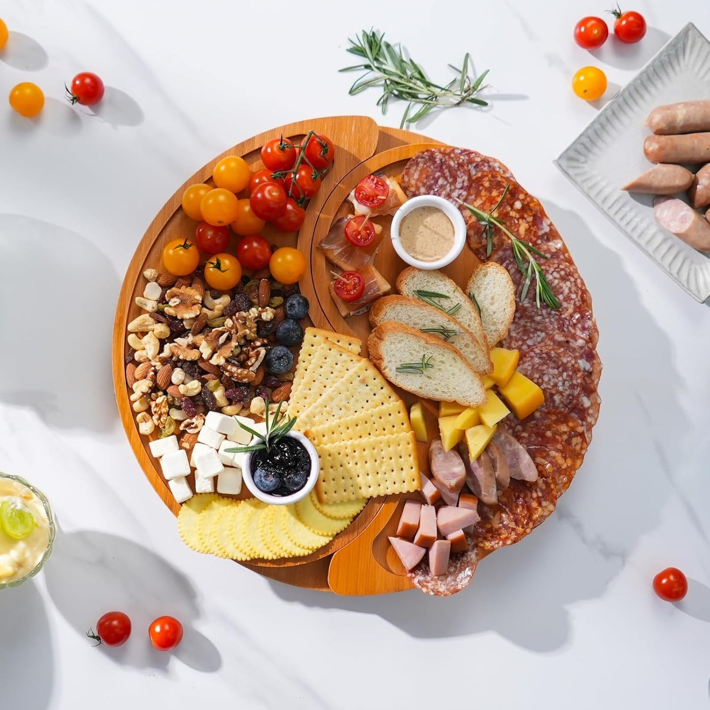 ZMARKRAFT® US Patented Large Double-Layer Charcuterie Board | Cheese Board Platter Set w 4 Knives and 2 Bowls | Premium Bamboo Serving Tray | Hoursewarming Christmas (Mocha Brown)