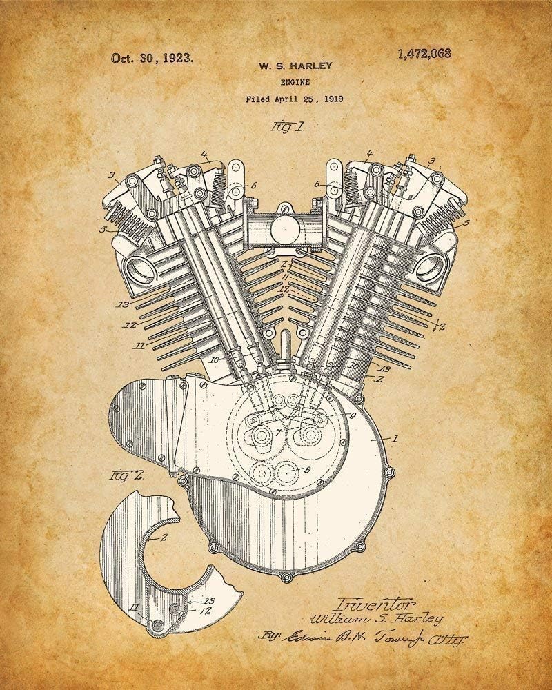 Harley Davidson Motorcycle Patent Wall Art Prints - Set of 4 Unframed 8x10 Posters for Home Decor & Gifts