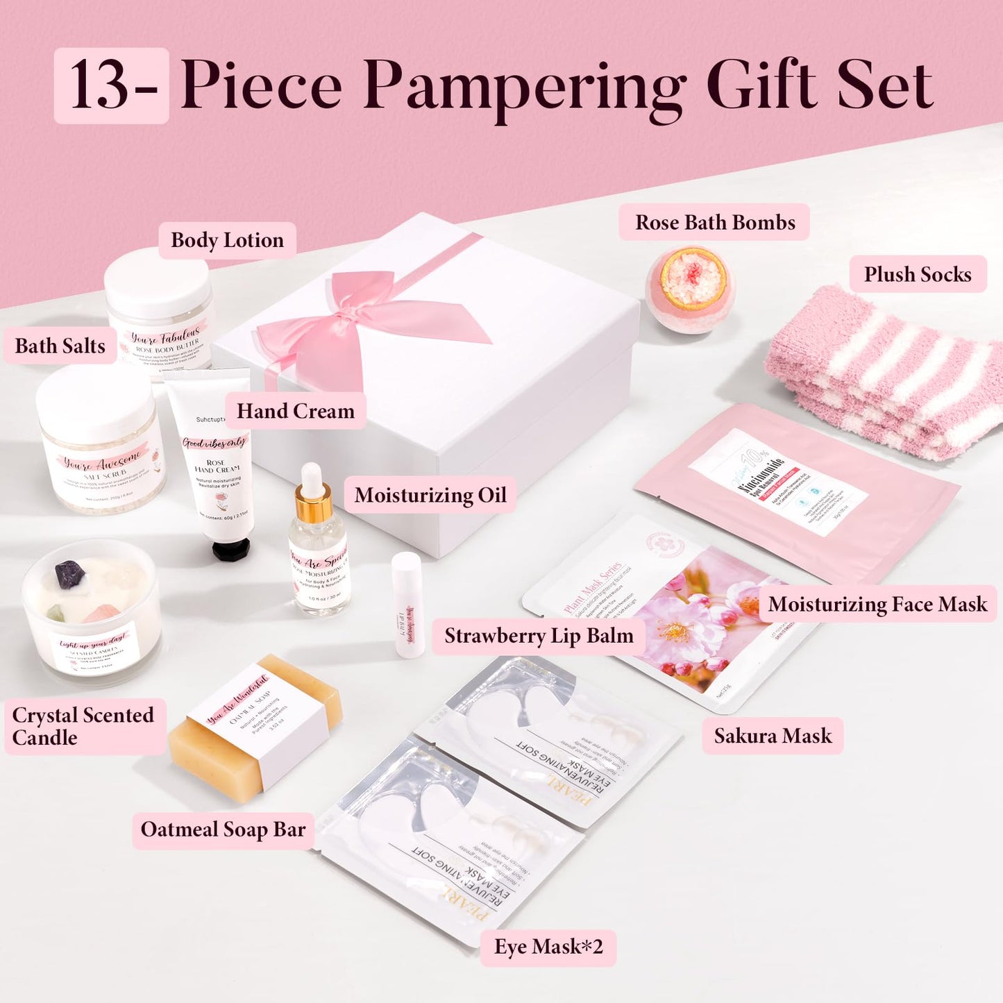 Spa Gifts for Women 13Pcs Mothers Day Gifts Happy Birthday Gift Baskets Christmas Relaxation Home SPA Kit Rose Bath Set Self Care Package Thank You Box for Mom Her Sister Teacher Friends Pink