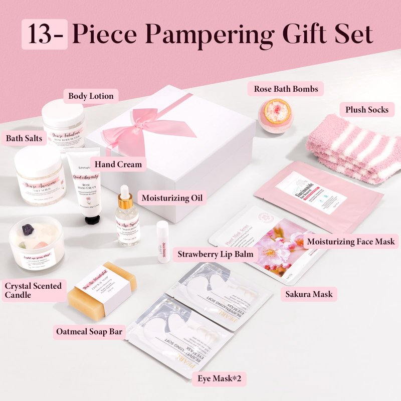 Spa Gifts for Women 13Pcs Mothers Day Gifts Happy Birthday Gift Baskets Christmas Relaxation Home SPA Kit Rose Bath Set Self Care Package Thank You Box for Mom Her Sister Teacher Friends Pink