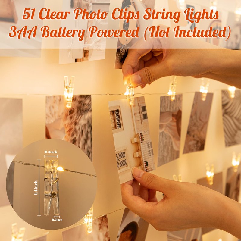 LUSHARBOR Photo Clips String Light, Fairy Lights with 51 Clear Clips, Battery Operated String Lights with Clips for Pictures, Room Decorations for Dorm Wall Bedroom